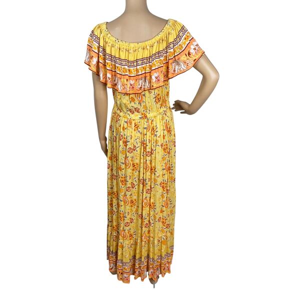 Margaux Riviera Yellow Floral Elephant Flounce Boho Hippie Maxi Dress SZ M - Picture 7 of 9